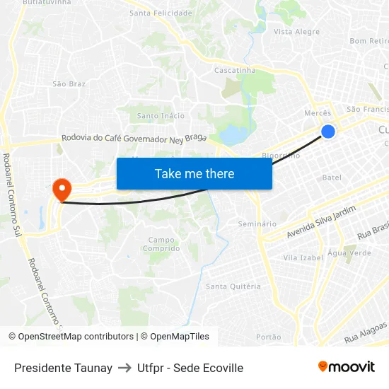 Presidente Taunay to Utfpr - Sede Ecoville map