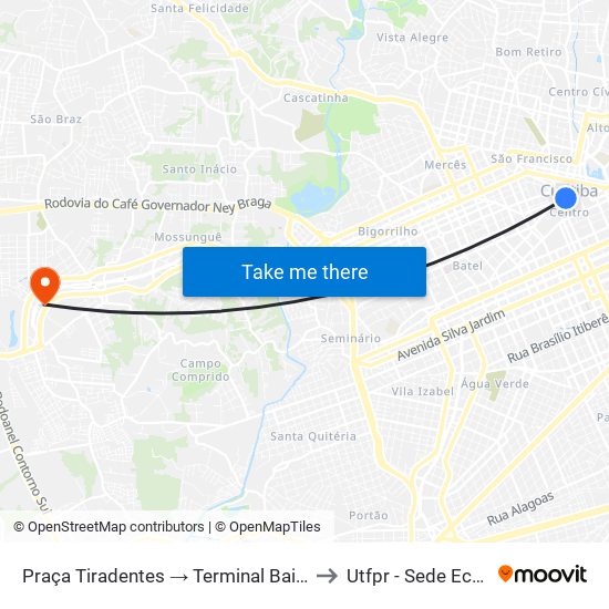 Praça Tiradentes → Terminal Bairro Alto to Utfpr - Sede Ecoville map