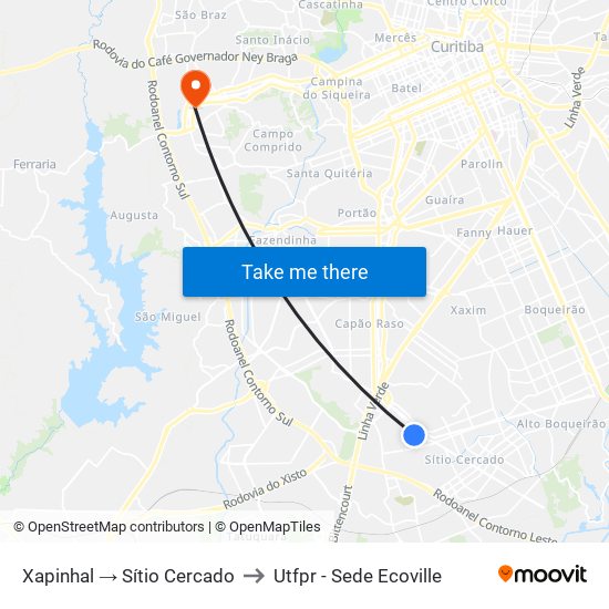 Xapinhal → Sítio Cercado to Utfpr - Sede Ecoville map