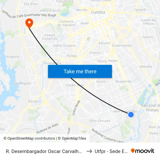 R. Desembargador Oscar Carvalho e Silva, 210 to Utfpr - Sede Ecoville map