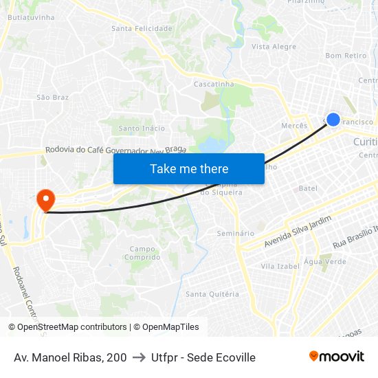 Av. Manoel Ribas, 200 to Utfpr - Sede Ecoville map
