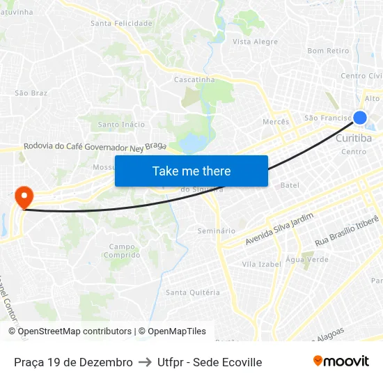 Praça 19 de Dezembro (A72 / A73) to Utfpr - Sede Ecoville map