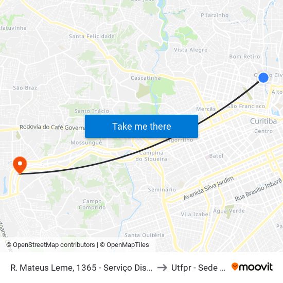 R. Mateus Leme, 1365 - Serviço Distrital Do Taboão to Utfpr - Sede Ecoville map