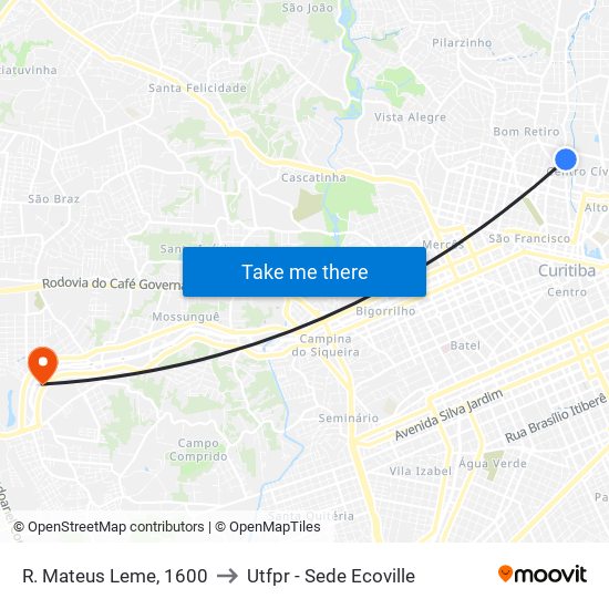 R. Mateus Leme, 1600 to Utfpr - Sede Ecoville map