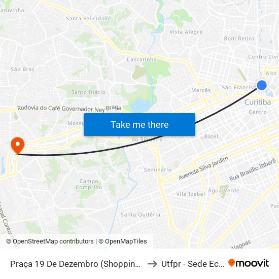 Praça 19 De Dezembro (Shopping Mueller) to Utfpr - Sede Ecoville map