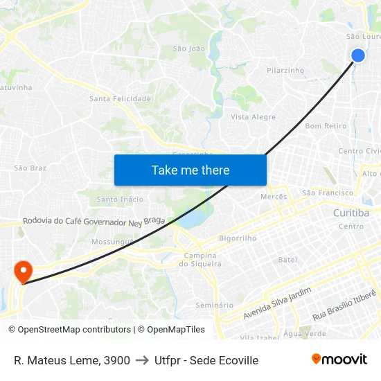 R. Mateus Leme, 3900 to Utfpr - Sede Ecoville map