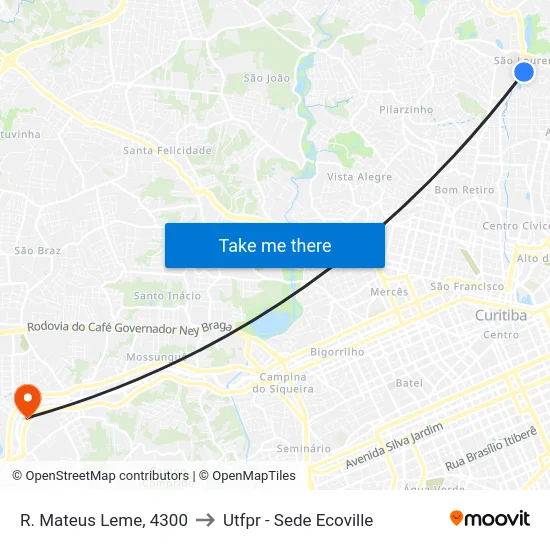R. Mateus Leme, 4300 to Utfpr - Sede Ecoville map