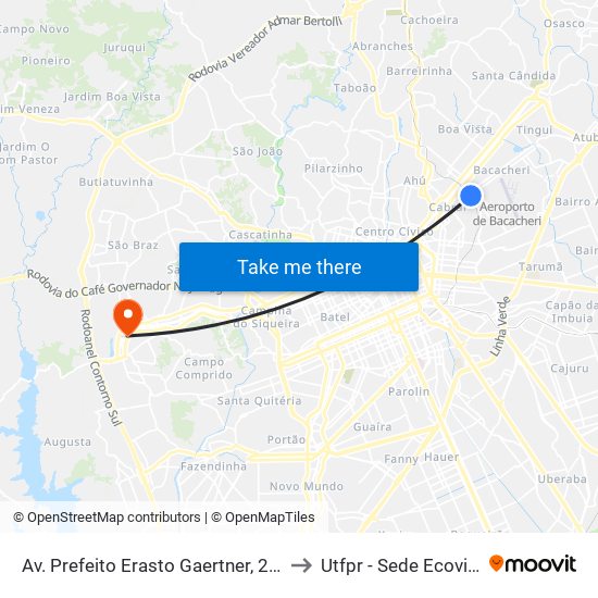 Av. Prefeito Erasto Gaertner, 202 to Utfpr - Sede Ecoville map