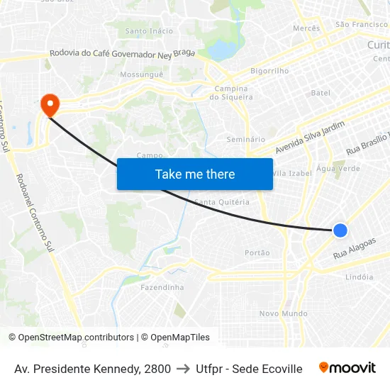 Av. Presidente Kennedy, 2800 to Utfpr - Sede Ecoville map