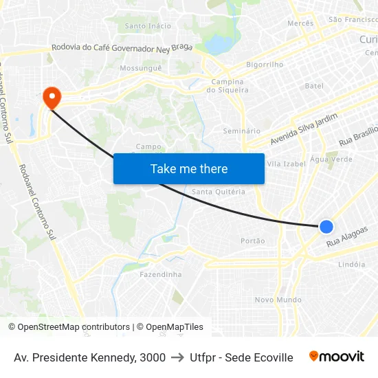 Av. Presidente Kennedy, 3000 to Utfpr - Sede Ecoville map