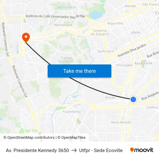 Av. Presidente Kennedy 3650 to Utfpr - Sede Ecoville map