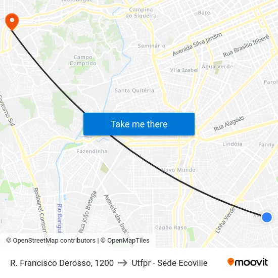 R. Francisco Derosso, 1200 to Utfpr - Sede Ecoville map