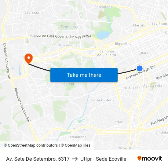 Av. Sete De Setembro, 5317 to Utfpr - Sede Ecoville map