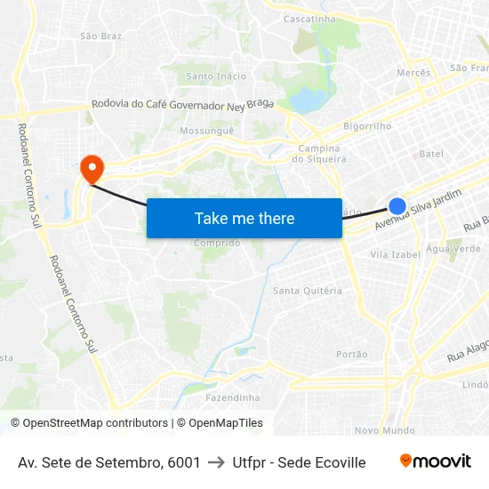 Av. Sete de Setembro, 6001 to Utfpr - Sede Ecoville map