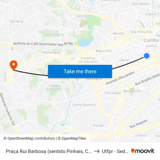 Praça Rui Barbosa (sentido Pinhais, Centenário e Santa Cândida) to Utfpr - Sede Ecoville map