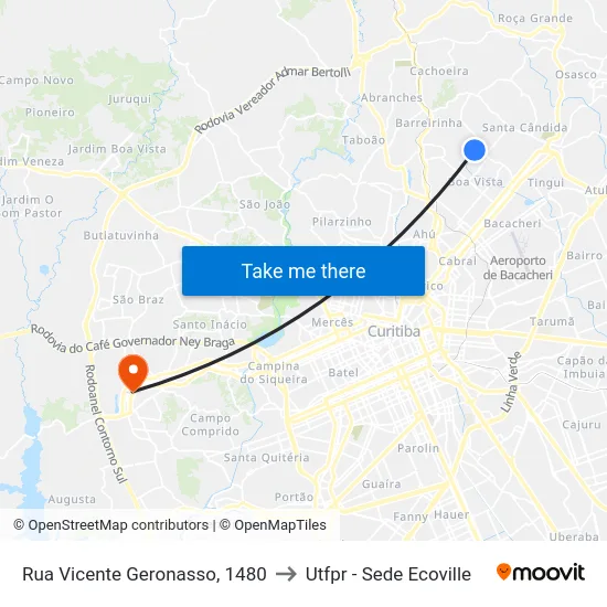 Rua Vicente Geronasso, 1480 to Utfpr - Sede Ecoville map