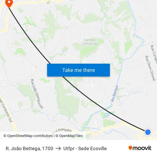 R. João Bettega, 1700 to Utfpr - Sede Ecoville map