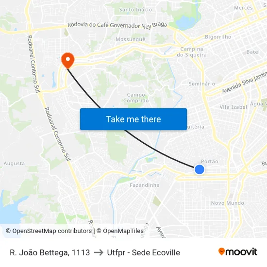 R. João Bettega, 1113 to Utfpr - Sede Ecoville map