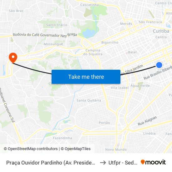 Praça Ouvidor Pardinho (Av. Presidente Getúlio Vargas, 1309) to Utfpr - Sede Ecoville map