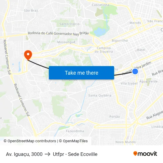 Av. Iguaçu, 3000 to Utfpr - Sede Ecoville map