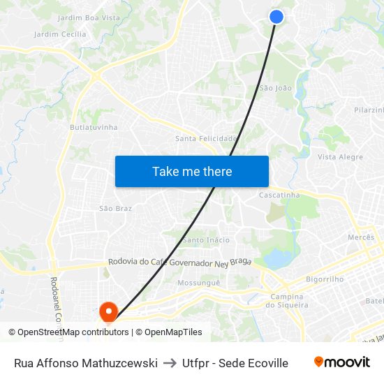 Rua Affonso Mathuzcewski to Utfpr - Sede Ecoville map