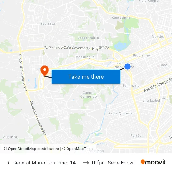 R. General Mário Tourinho, 1400 to Utfpr - Sede Ecoville map