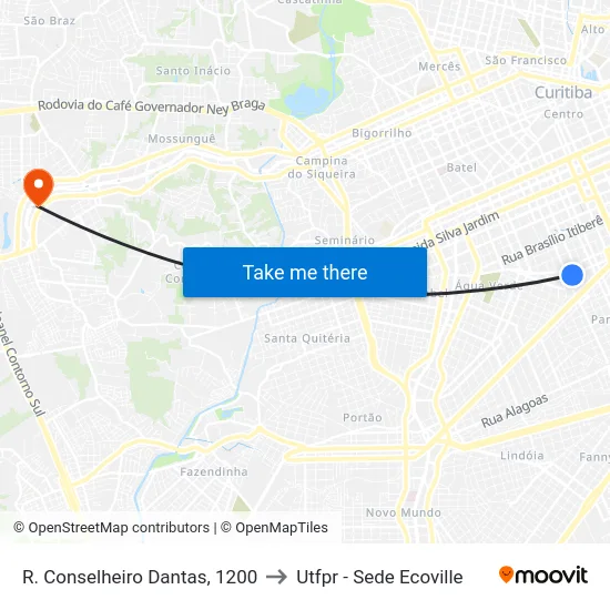 R. Conselheiro Dantas, 1200 to Utfpr - Sede Ecoville map