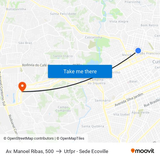 Av. Manoel Ribas, 500 to Utfpr - Sede Ecoville map