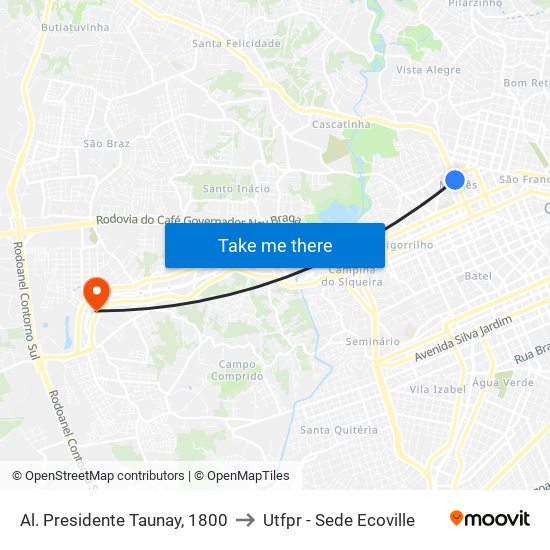 Al. Presidente Taunay, 1800 to Utfpr - Sede Ecoville map