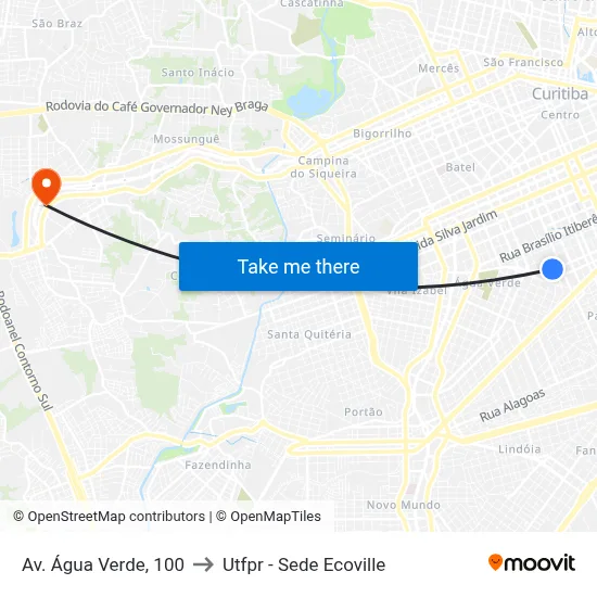 Av. Água Verde, 100 to Utfpr - Sede Ecoville map