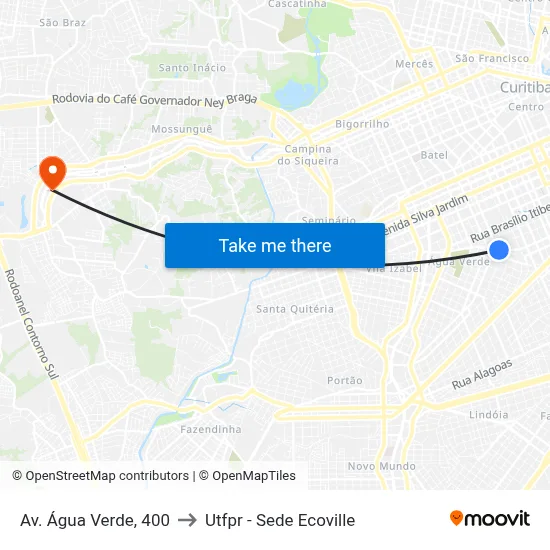 Av. Água Verde, 400 to Utfpr - Sede Ecoville map