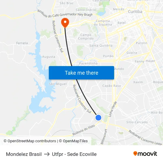 Mondelez Brasil to Utfpr - Sede Ecoville map