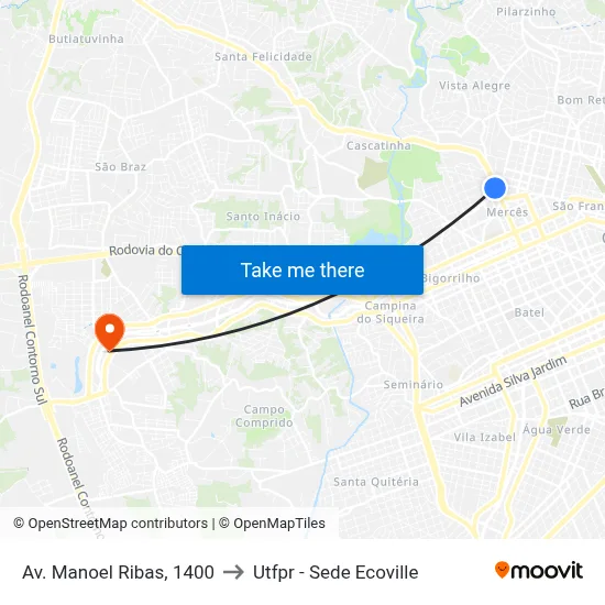 Av. Manoel Ribas, 1400 to Utfpr - Sede Ecoville map