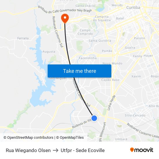 Rua Wiegando Olsen to Utfpr - Sede Ecoville map