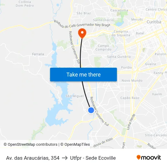 Av. das Araucárias, 354 to Utfpr - Sede Ecoville map