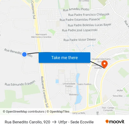 Rua Benedito Carollo, 920 to Utfpr - Sede Ecoville map