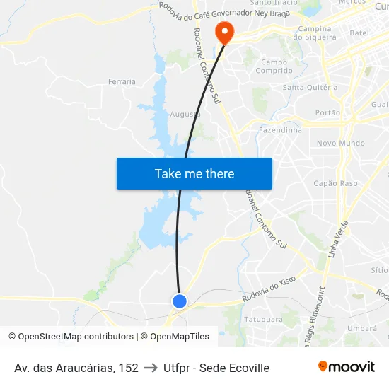 Av. das Araucárias, 152 to Utfpr - Sede Ecoville map