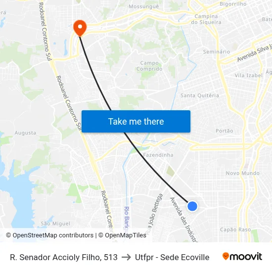 R. Senador Accioly Filho, 513 to Utfpr - Sede Ecoville map