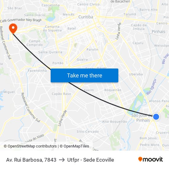 Av. Rui Barbosa, 7843 to Utfpr - Sede Ecoville map