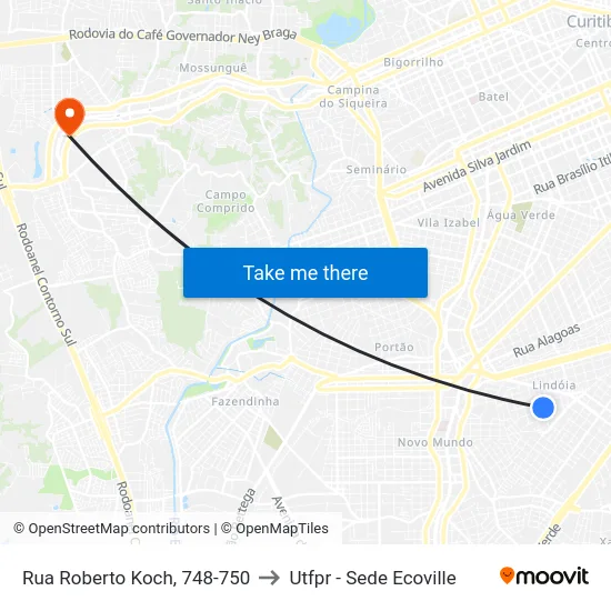 Rua Roberto Koch, 748-750 to Utfpr - Sede Ecoville map