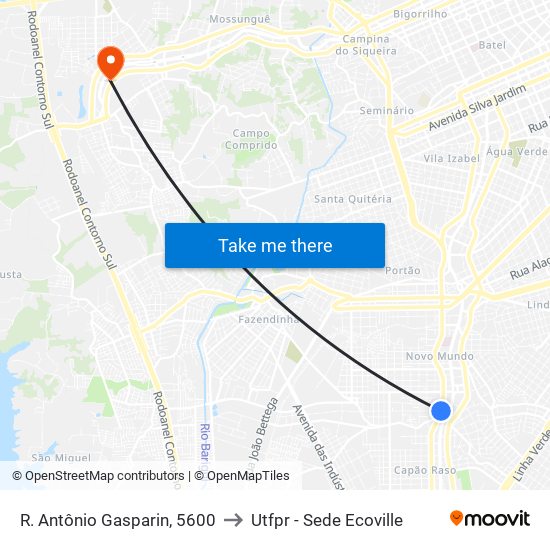 R. Antônio Gasparin, 5600 to Utfpr - Sede Ecoville map