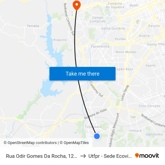 Rua Odir Gomes Da Rocha, 1236 to Utfpr - Sede Ecoville map