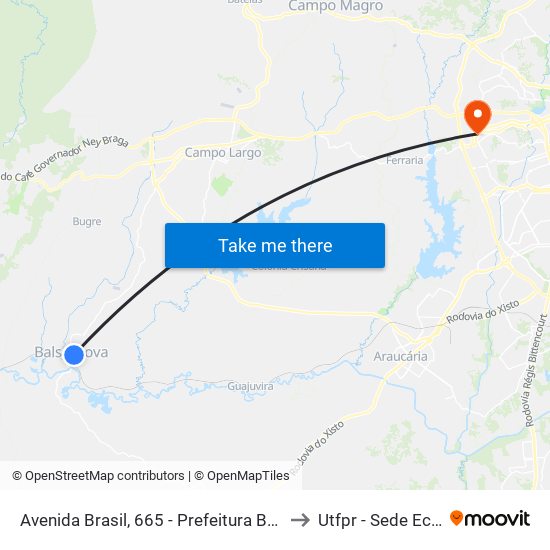 Avenida Brasil, 665 - Prefeitura Balsa Nova to Utfpr - Sede Ecoville map