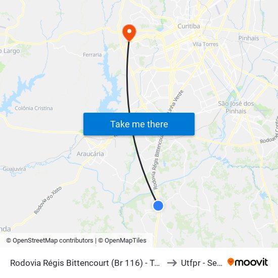 Rodovia Régis Bittencourt (Br 116) - Terminal Antigo Fazenda Rio Grande to Utfpr - Sede Ecoville map