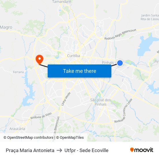Praça Maria Antonieta to Utfpr - Sede Ecoville map