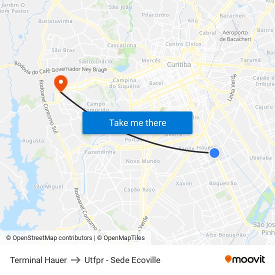 Terminal Hauer to Utfpr - Sede Ecoville map