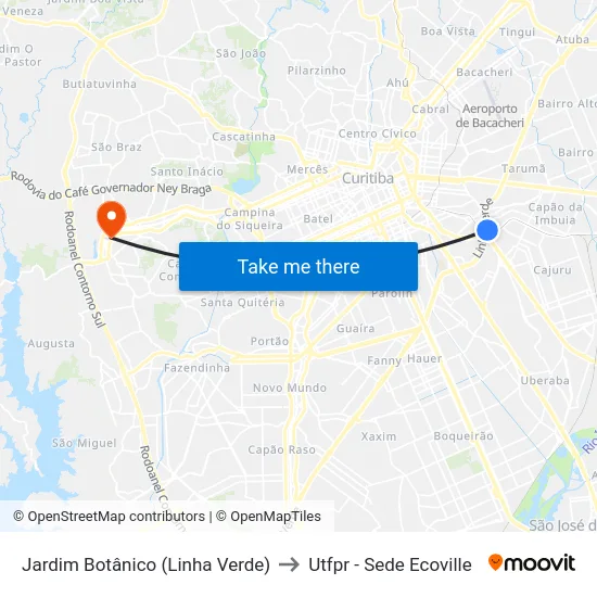 Jardim Botânico (Linha Verde) to Utfpr - Sede Ecoville map