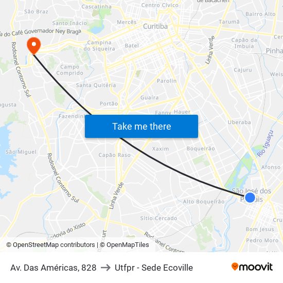 Av. Das Américas, 828 to Utfpr - Sede Ecoville map