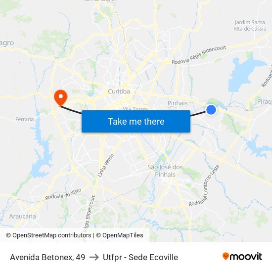 Avenida Betonex, 49 to Utfpr - Sede Ecoville map