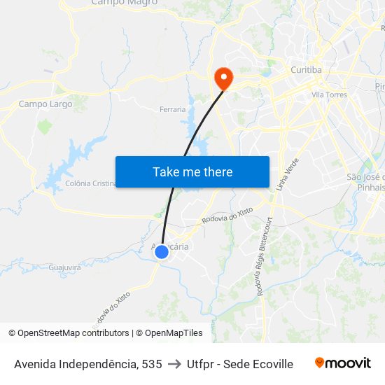 Avenida Independência, 535 to Utfpr - Sede Ecoville map